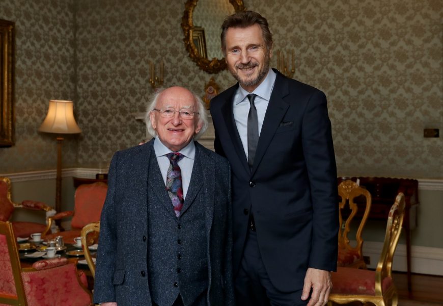 President Higgins  presents Liam Neeson with Distinguished Service Award