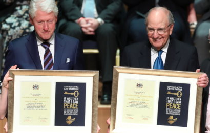 Former President Bill Clinton And Senator George Mitchell Honored With Freedom Of Belfast