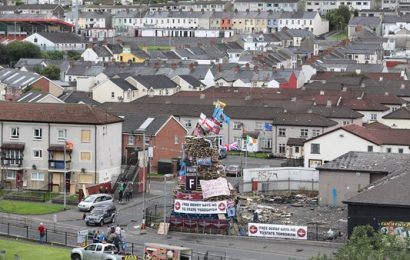 Bonfire Festooned with Bloody Sunday Shootings Banners in Derry estate