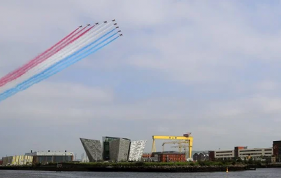 Red Arrows Fly Over Belfast To Mark 75th Anniversary Of VJ Day